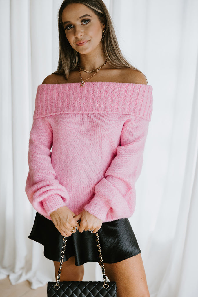 Off Shoulder Holiday Sweater - Pink