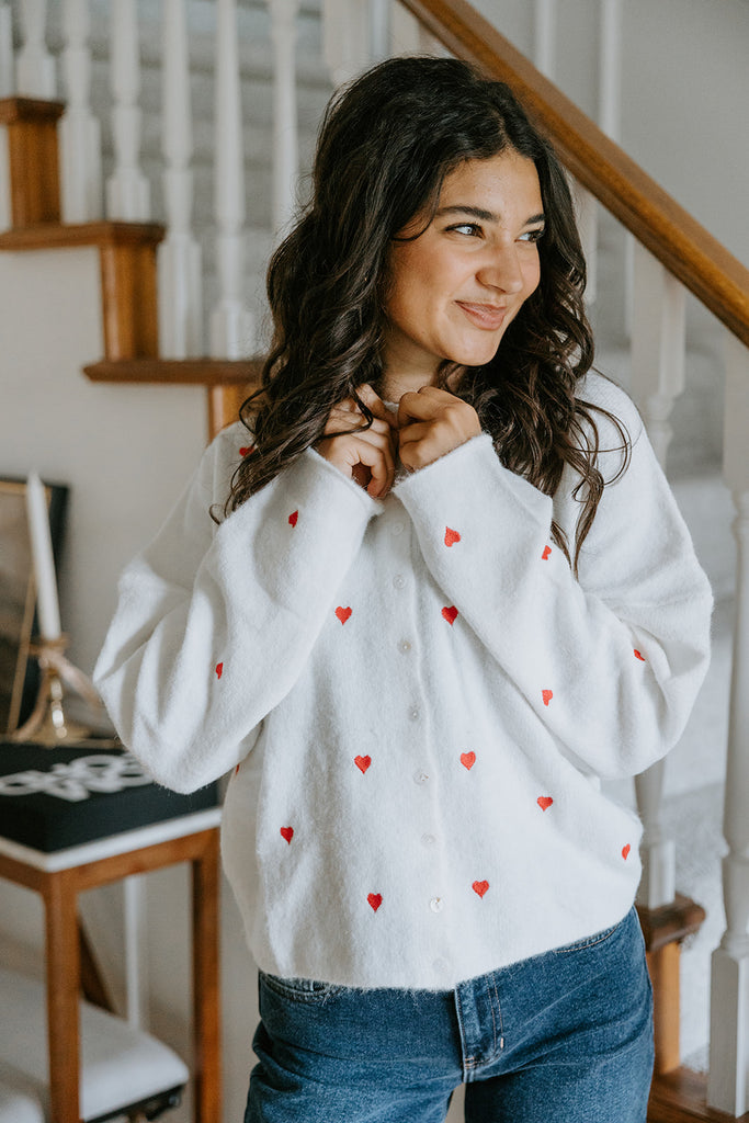 Lightweight Button Up Cardigan - White/Red