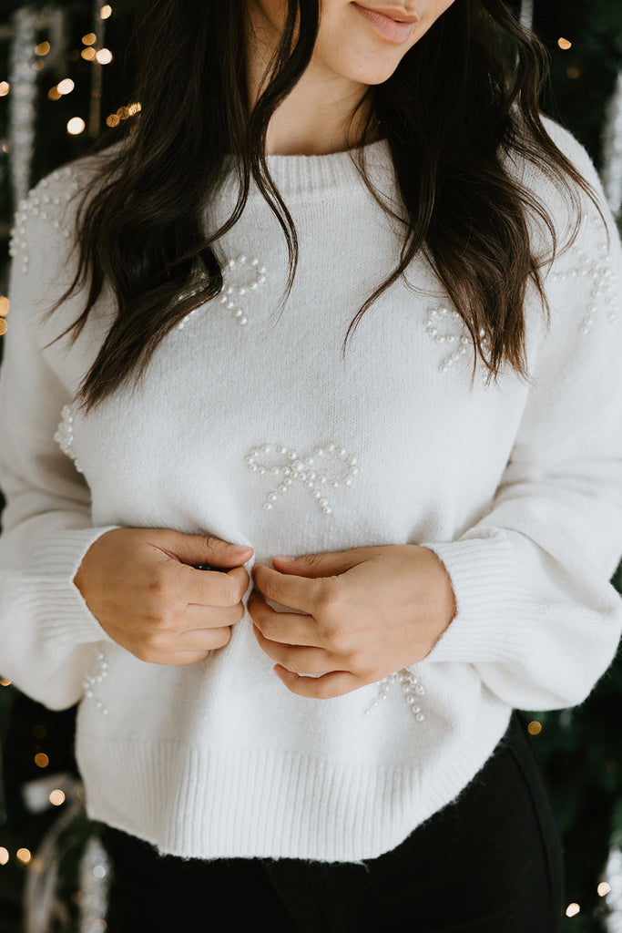 Sweater With Pearl Bows - White