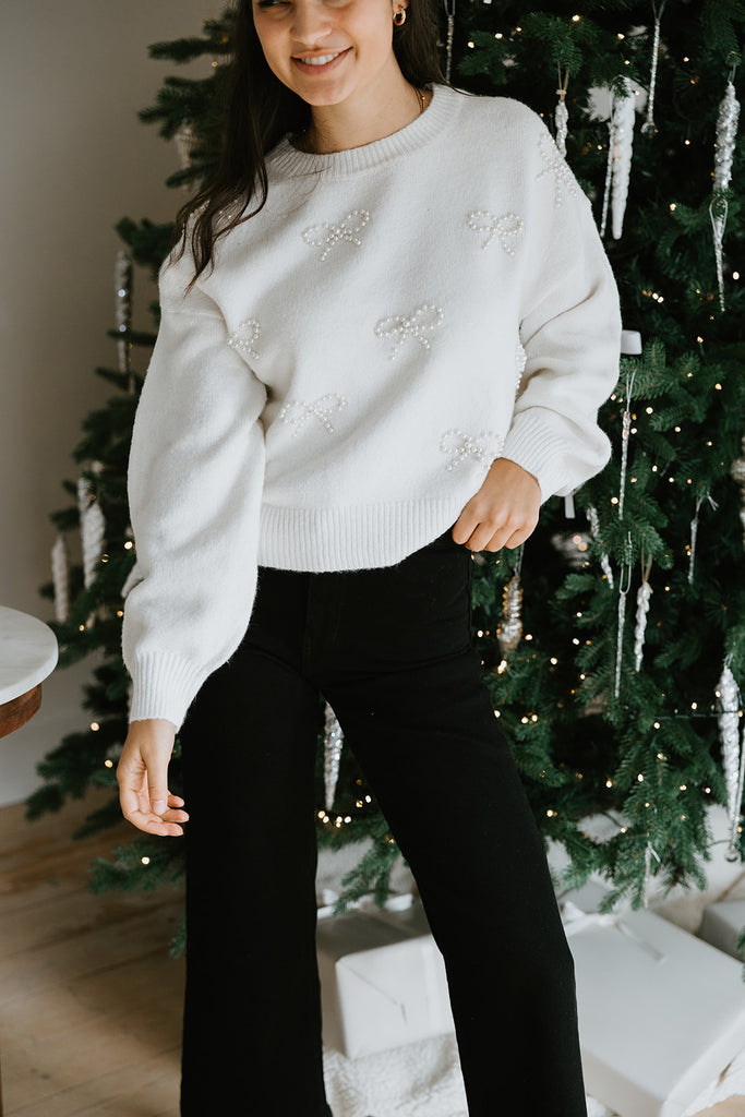 Sweater With Pearl Bows - White