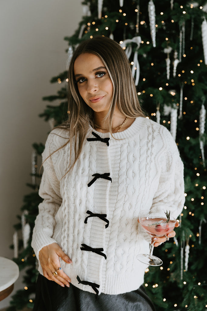 Cable Knit Sweater With Bows - Ivory