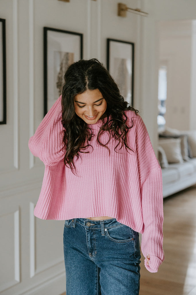 Ribbed Knit Cropped Sweater - Rose