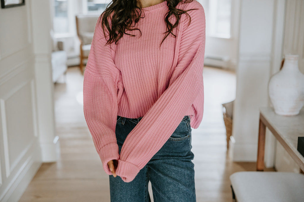 Ribbed Knit Cropped Sweater - Rose