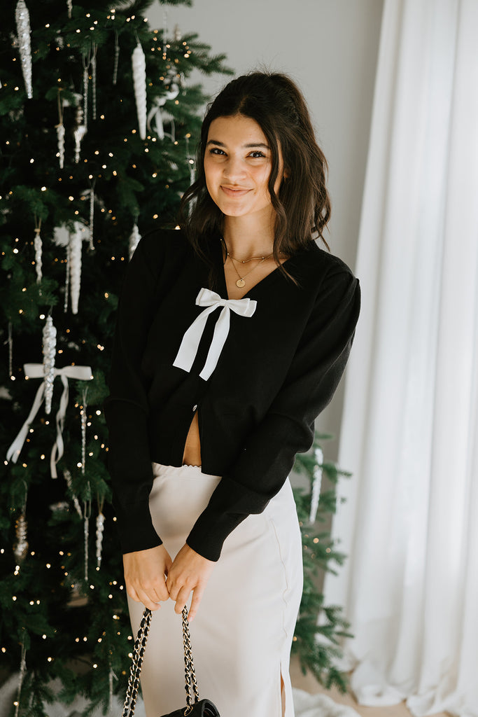 Black Cardigan With White Bow & Heart Buttons