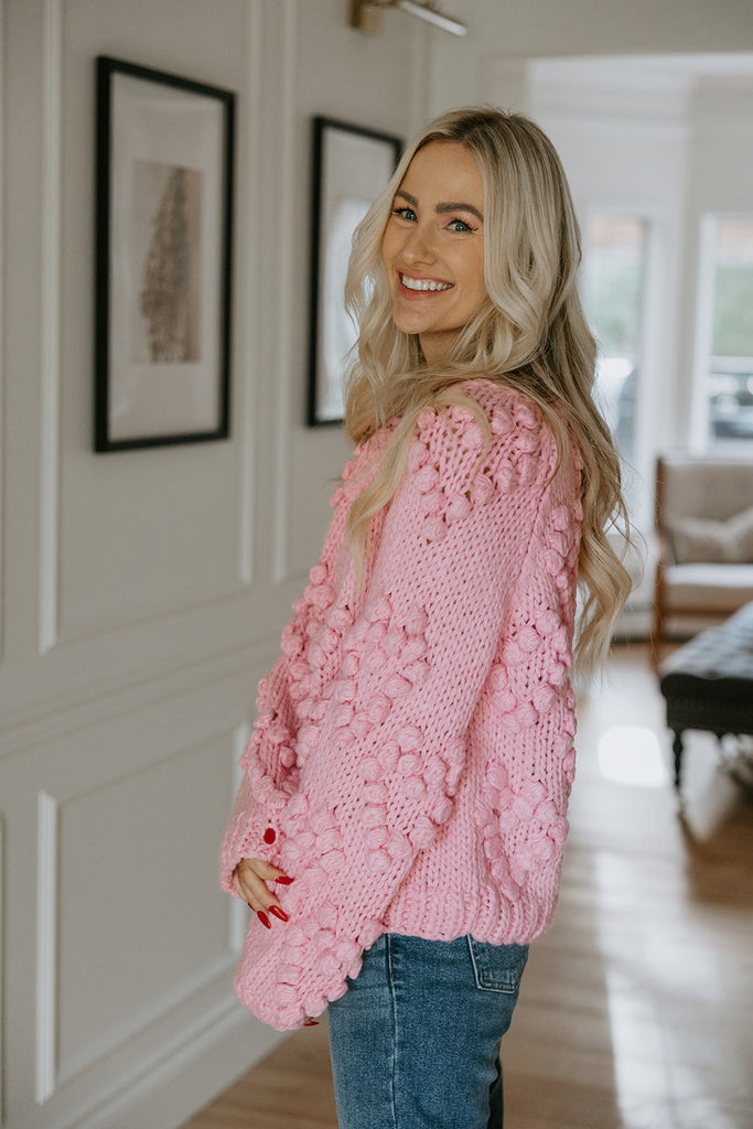 Heart Pom Pom Heart Cardigan - Pink