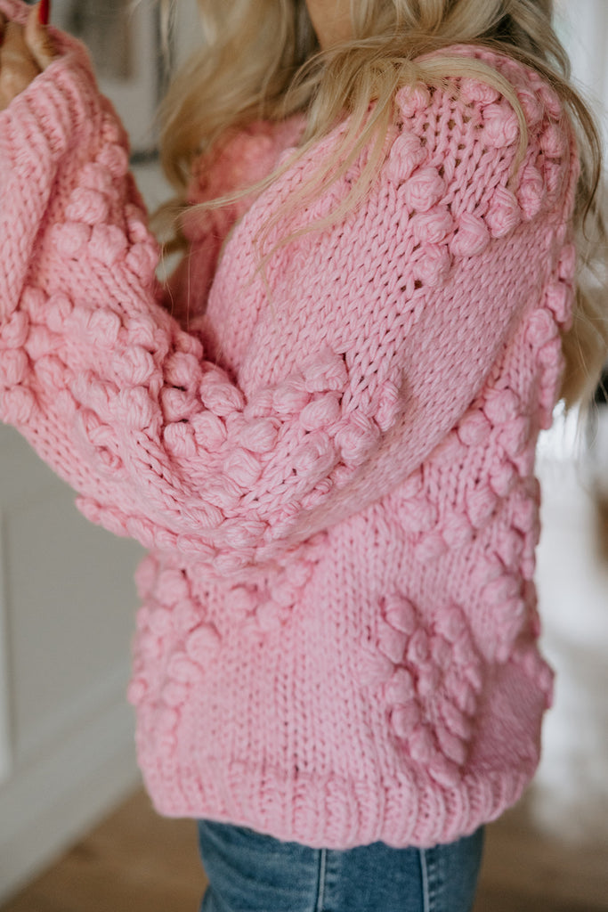 Heart Pom Pom Heart Cardigan - Pink