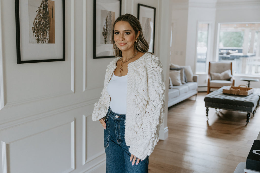 Heart Pom Pom Heart Cardigan - Cream