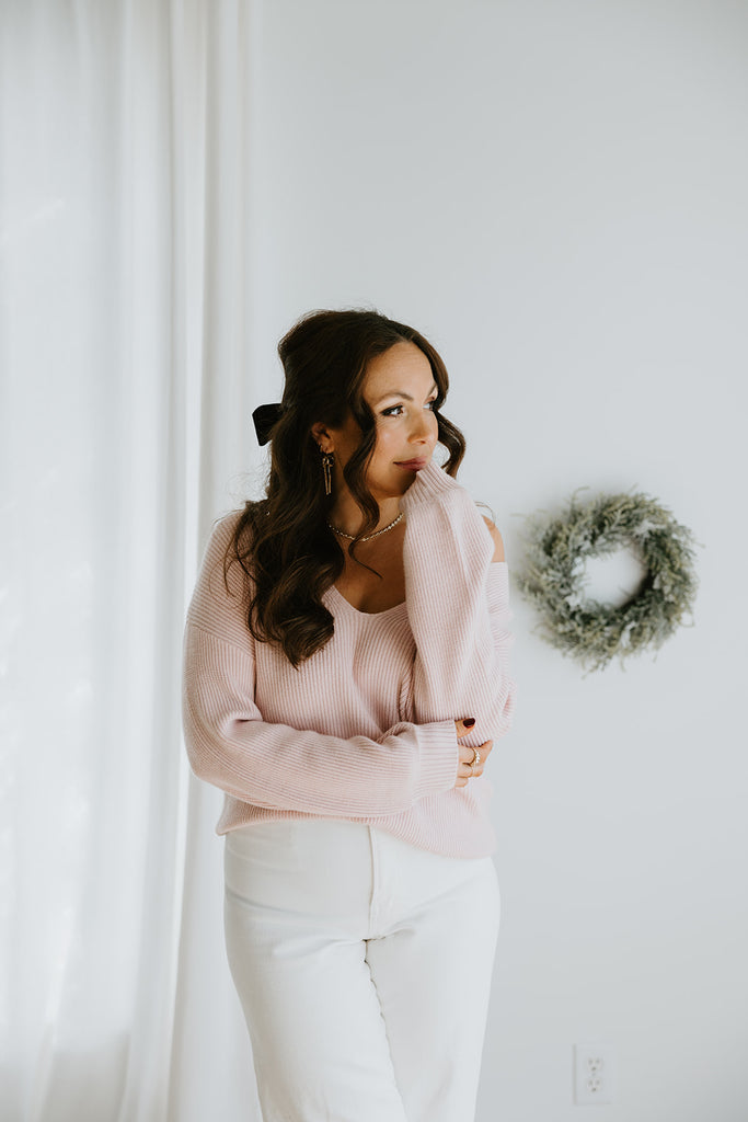 VNeck Sweater With Back Chiffon Tie - Pink