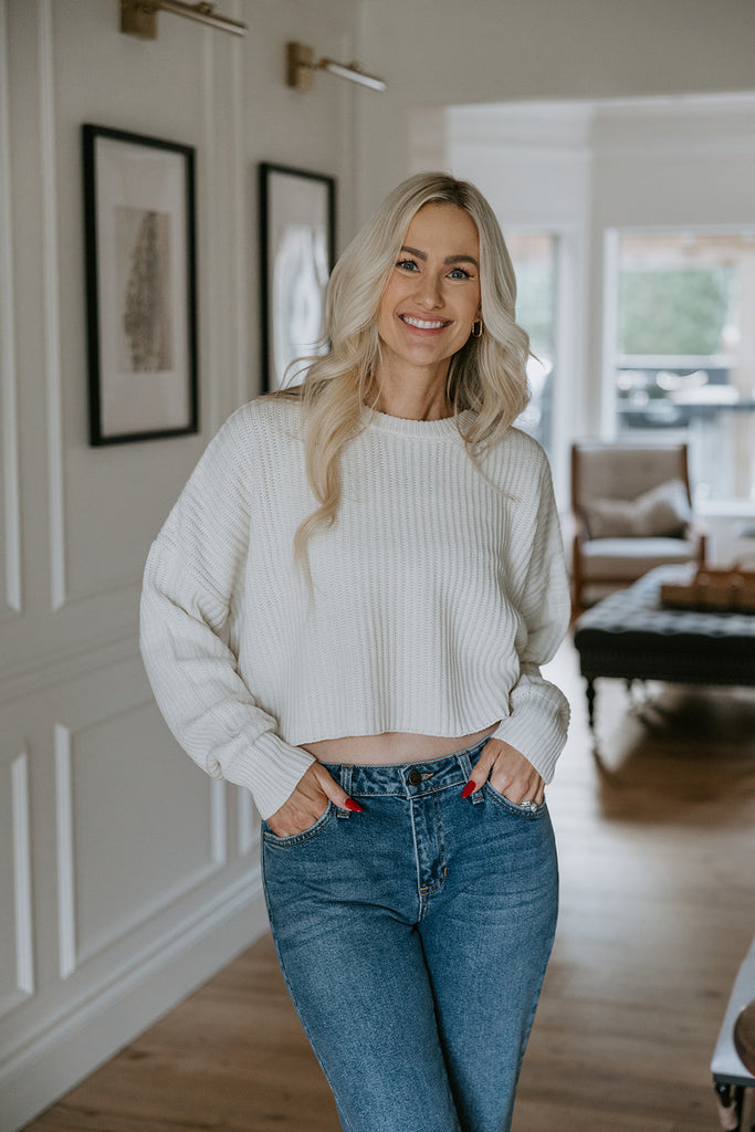 Ribbed Knit Cropped Sweater - Cream