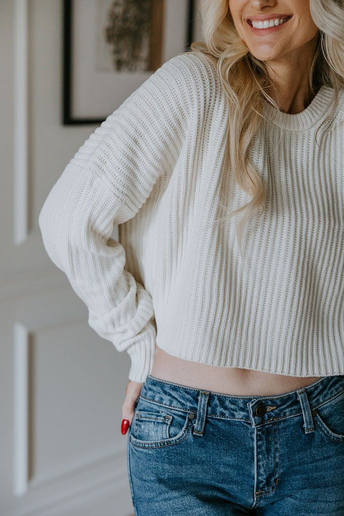 Ribbed Knit Cropped Sweater - Cream