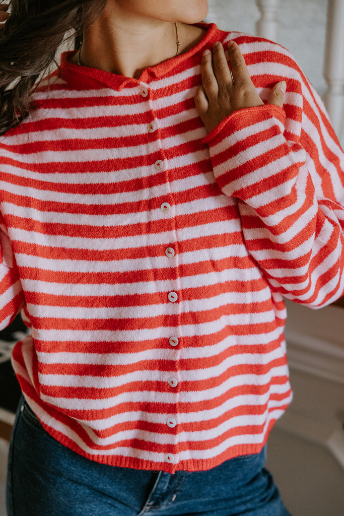 Lightweight Button Up Cardigan - Pink/Red