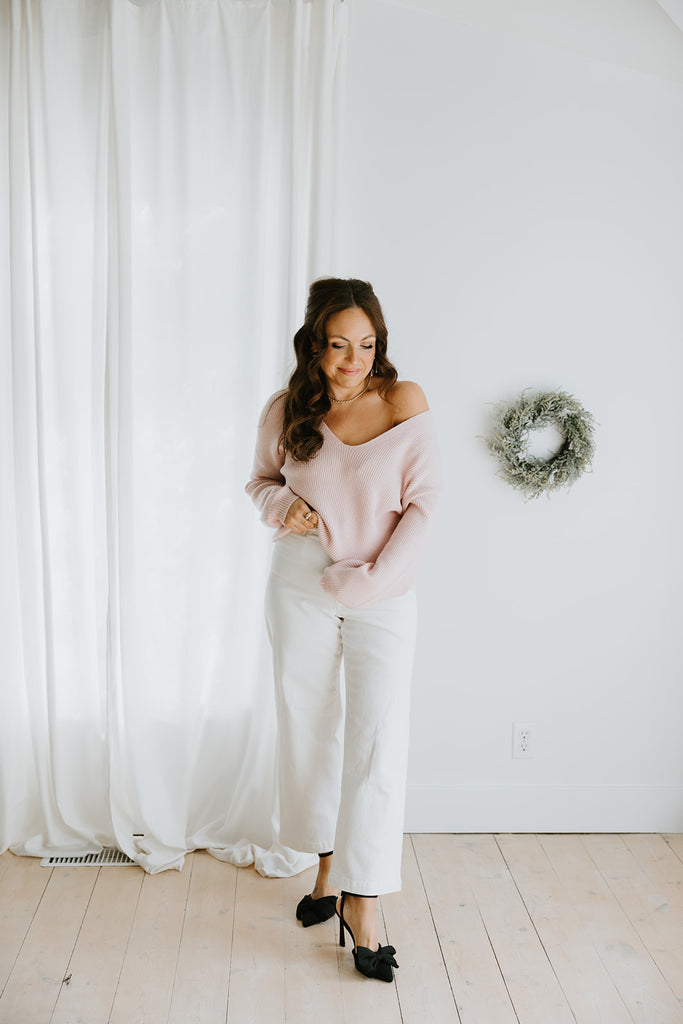 VNeck Sweater With Back Chiffon Tie - Pink