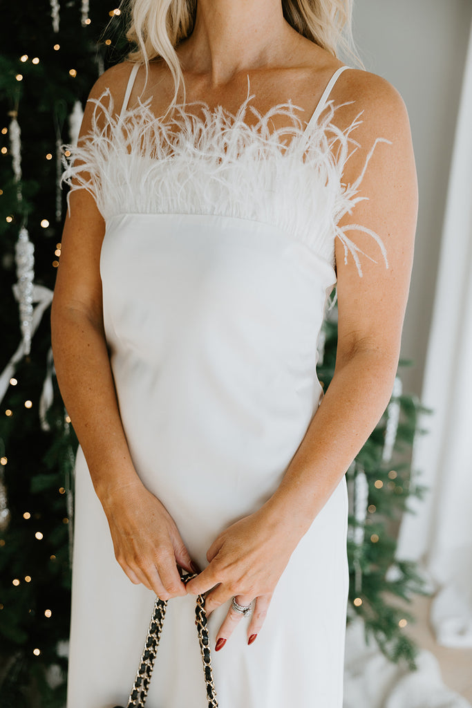 Feather Detail Slip Dress - Cream