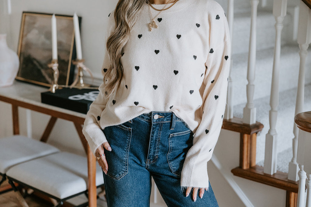 Heart Embroidered Sweater - Cream/Black