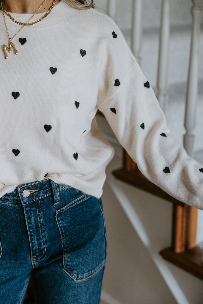 Heart Embroidered Sweater - Cream/Black