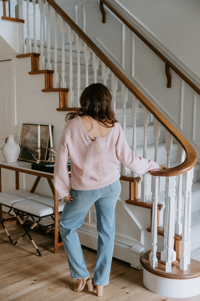 VNeck Sweater With Back Chiffon Tie - Pink