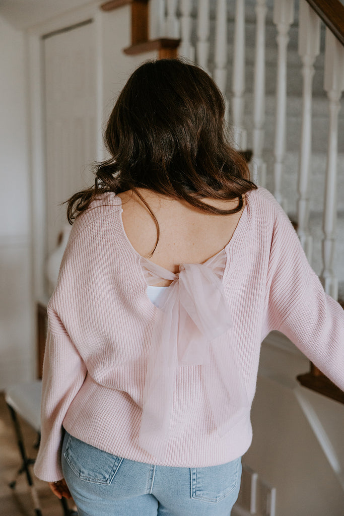 VNeck Sweater With Back Chiffon Tie - Pink