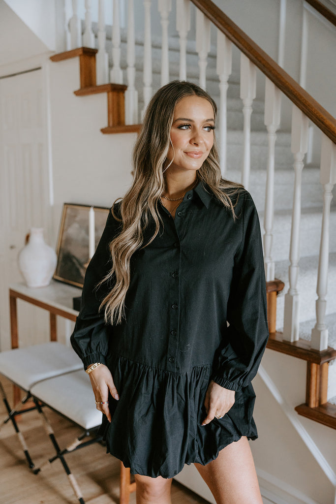 Button Up Shirt Dress with Bubble Hem