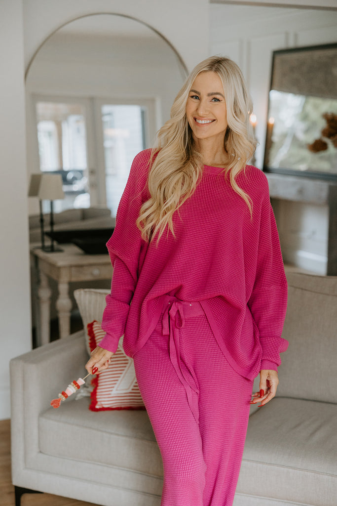 Waffle Textured Sweater & Pant Set - Pink