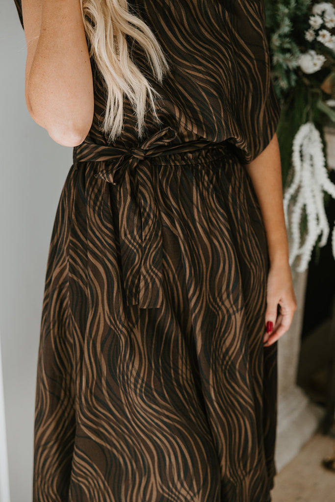 Abstract Print Cowl Neck Midi - Brown