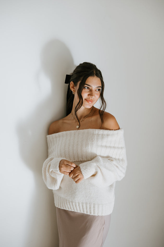 Off Shoulder Holiday Sweater - Cream