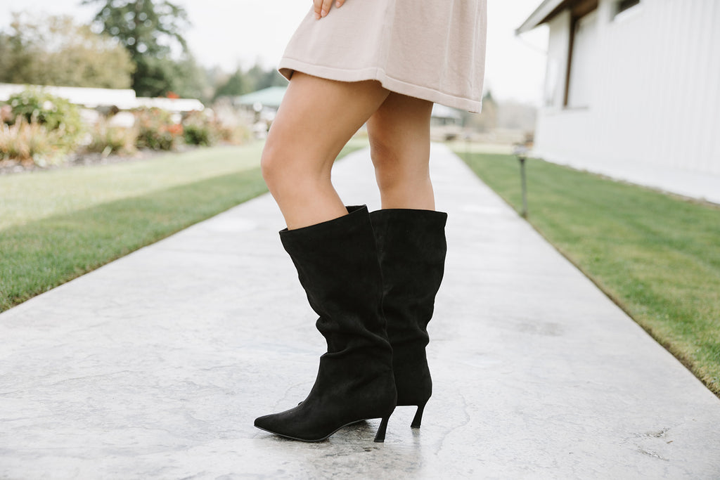 Slouch Kitten Heel Boot - Black