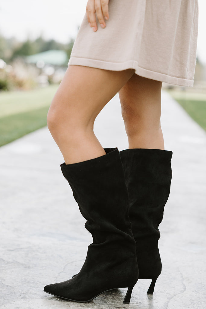 Slouch Kitten Heel Boot - Black