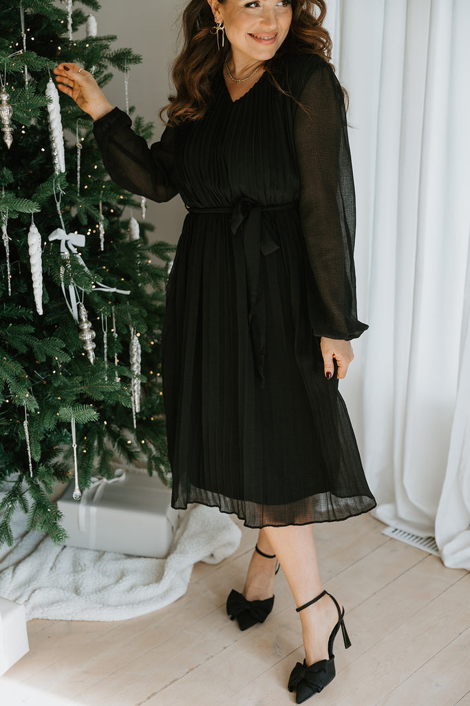 Long Sleeve Pleated Dress - Black