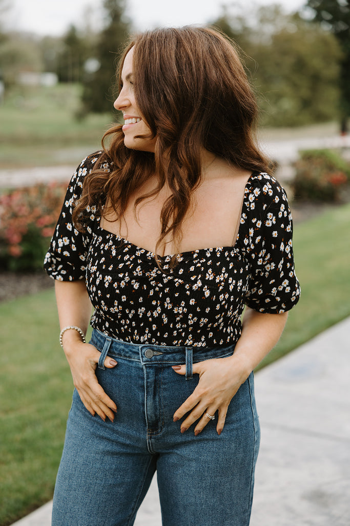 Smocked Floral Print Shirt - Black