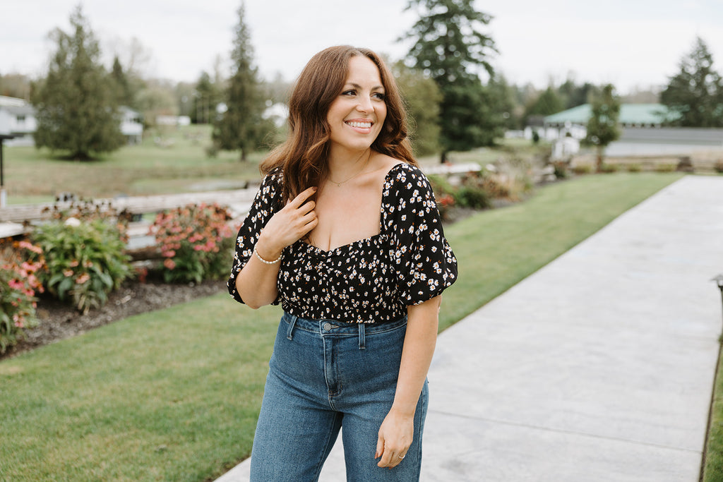 Smocked Floral Print Shirt - Black