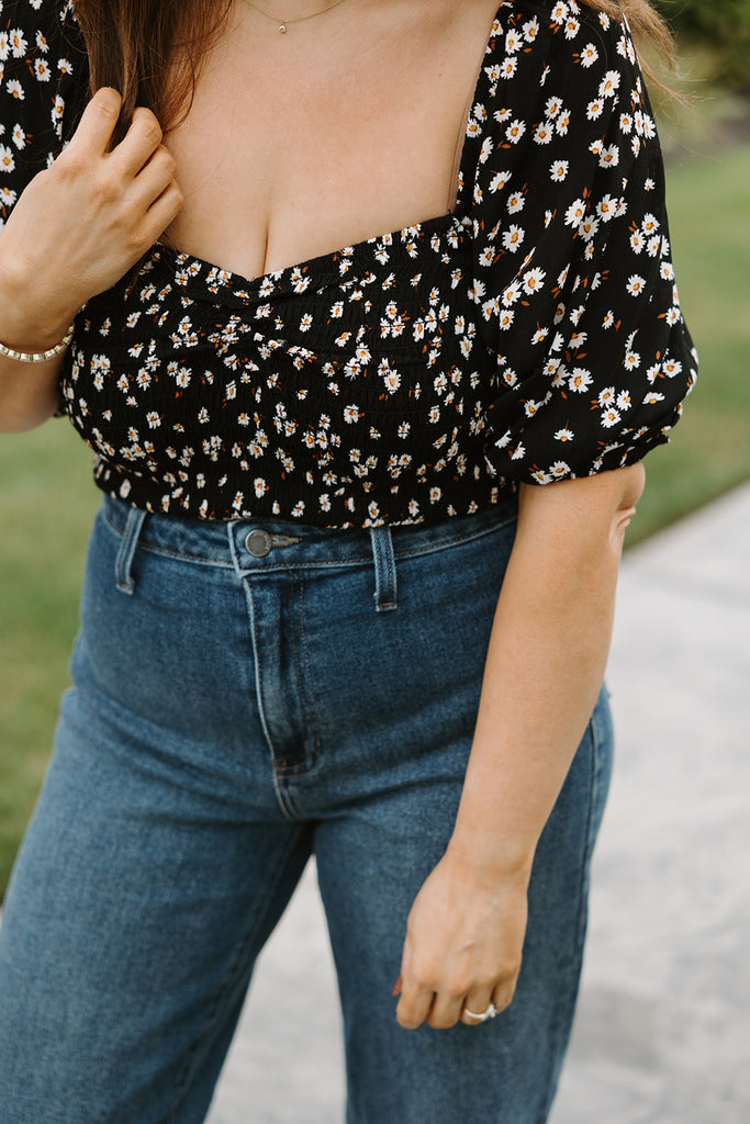 Smocked Floral Print Shirt - Black