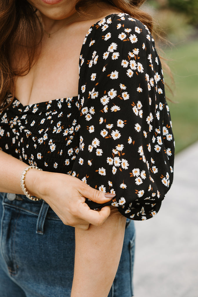 Smocked Floral Print Shirt - Black