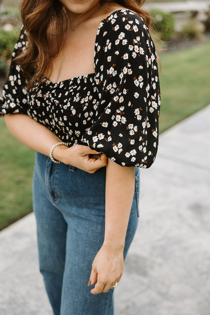 Smocked Floral Print Shirt - Black