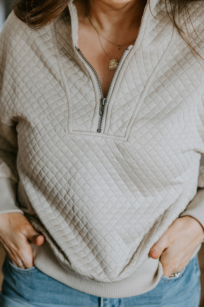 Quilted Zip Sweatshirt - Taupe