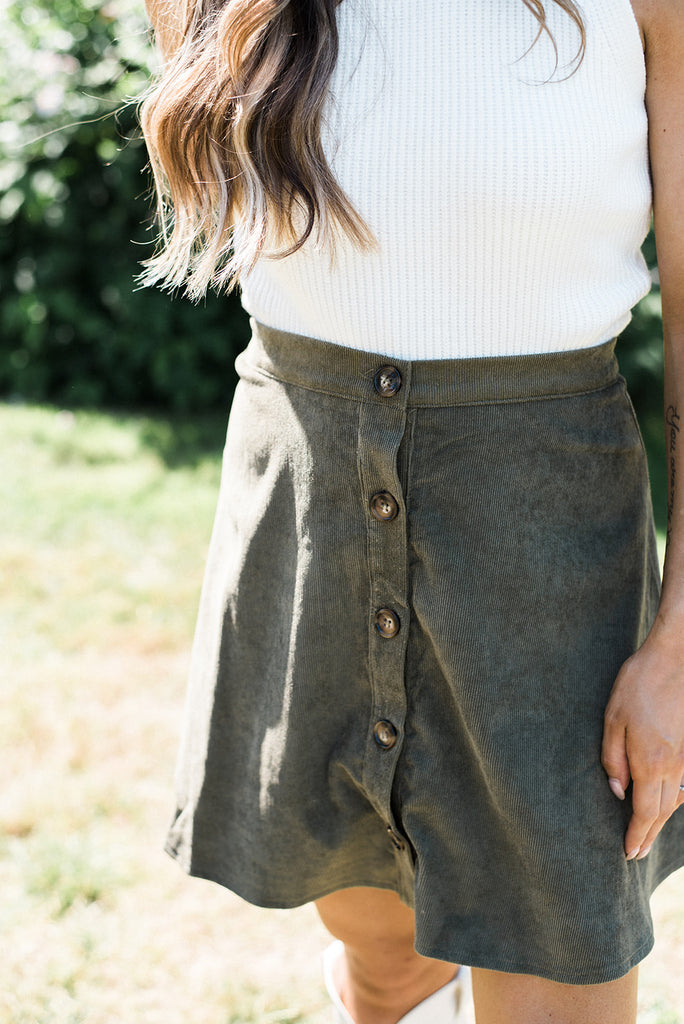 Corduroy Button Down Skirt - Olive